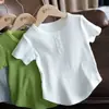 Camiseta de Verano de Manga Corta para Niña, Elegante Tendencia Infantil Marca Versión Coreana, Top de Canalé de Seda Helada Color Sólido Manga Media