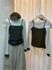 Camiseta Manga Longa Feminina Tendência Dongdaemun Coreano Outono Inverno Novo Estilo Coreano Slim Fit Bloco de Cores Falsa Duas Peças Patchwork Uma Manga