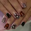 Pontas de unha curtas quadradas multi-elementos, com design personalizado, best-sellers transfronteiriços, em blocos de cores xadrez, estampa de leopardo e casco de tartaruga, 24 peças, para nail art e aplicação fácil