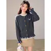 Tricô com bordado de cachorro estilo miu top feminino outono/inverno costura de renda casaco suéter cinza