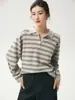 Suéter de punto de cachemira 100% pura de lujo ligero para mujer, con un estilo retro colegial, cuello tipo polo, diseño de rayas y un corte relajado, perfecto como capa base o para usar como prenda exterior