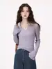 Camisa base de punto para mujer estilo coreano, cuello polo, manga larga, corte ajustado, hermoso top morado taro para principios de otoño
