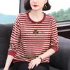 Nova Camiseta Listrada de Manga Longa da Moda de Outono da Mamãe para Mulheres, Camisa Básica Elegante com Strass de Caimento Solto para Meia-Idade e Idosos