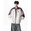 Nueva sudadera cárdigan de rayas y bloques de color con cuello alto, estilo universitario moderno para hombre, holgada y casual, chaqueta deportiva versátil