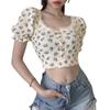 Camiseta Corta de Verano 2025 Estilo Retro Americano Floral Waffle para Mujer con Cuello Cuadrado, Mangas Abullonadas y Ombligo Descubierto Top Trendy