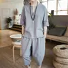 Terno de Linho Masculino Estilo Chinês Masculino 2022 Novo Verão Algodão e Linho Manga Curta Camiseta Verão Masculino Camiseta Tang