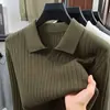 Suéter de punto de manga larga de algodón puro con cuello de gaviota texturizado para hombre, otoño e invierno, casual, con rayas verticales, básico simple