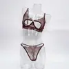 Sujetador de encaje de pestañas estilo francés con cortes estratégicos, conjunto de lencería sexy y seductor transparente con tanga