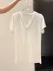 Camiseta Ligera de Lyocell Tencel con Cuello en V y Hombro Derecho para Mujer Verano Holgada Aspecto Adelgazante Versátil Estilo Ins Mangas Cortas