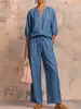 2026 Verano Nuevo Moda Casual Cruzada Europea y Americana para Mujer Holgado Color Sólido Cremallera Cuello Redondo Pantalones de Pierna Ancha Conjunto para Mujer