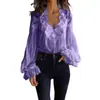Camisa Feminina de Renda Patchwork com Mangas Bufantes Plissadas - Moda Independente Europeia e Americana 2026