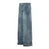 1092 Estilo de calle americano unisex de alta gama diseño vintage lavado con patrón de bambú jeans rectos holgados para hombre