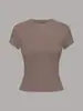Camiseta Básica Estilo Kardashian Europea y Americana de Color Sólido con Cuello Redondo Elástica de Hombro Normal Manga Corta para Mujer, Top Delgado de Verano que Ceñe la Cintura