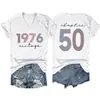 1976 Vintage Capítulo50 Amazon Ebay Sitio Independiente Moda Versátil Camiseta de Manga Corta con Cuello en V para Mujer