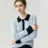Suéter de Punto para Mujer 100% Cachemira Pura, Cuello Polo, Suéter Adelgazante con Botones de Contraste, Camiseta Base de Solapa
