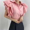 Camisa corta de color liso con solapa y mangas abullonadas grandes de estilo coreano para mujer, camisa informal de moda de verano