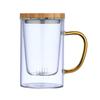 Taza de Té de Vidrio de Borosilicato Alto de la Fábrica Origen, Taza de Oficina con Separación Té-Agua y Asa de Colores, Taza de Agua con Filtro de Tapa de Bambú al por Mayor