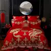Juego de Cuatro Piezas de Algodón de Fibra Larga de Gama Alta para Boda Juego de Boda Chino Bordado Rojo Ropa de Cama de Boda de Algodón Puro