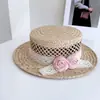 Sombrero de Ala Plana con Lazo de Encaje Estilo Hada y Rosa para Mujer, Sombrero de Paja de Verano con Protección Solar, Sombrero de Playa de Paja Tejido a Mano con Calados