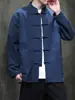 Camisa larga de manga larga de gran tamaño para hombre para primavera y otoño, estilo chino con cuello abotonado, chaqueta tipo traje Tang, corte holgado, color liso, camisa casual de algodón y lino