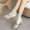 Sandalias de Tacón Alto Nuevas para Mujer de Primavera y Verano, Dulces Suelas de Goma, Zapatos Negros de Talla Grande para Mujer, Tacones Altos Romanos de Boca de Pez con Cordones