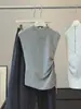 Elegante y estilizado top de punto sin mangas con cuello semi-alto y cordón lateral para mujer, nuevo estilo de otoño, cintura plisada con mangas acampanadas