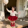 Cárdigan de punto con lazo estilo coreano para niñas, conjunto de primavera y otoño para bebés y niños pequeños, conjunto de dos piezas con falda tutú de malla roja