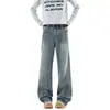 Jeans masculinos American cleanfit distressed com estampa de raio corte inclinado marca trendy vibe high street charmoso rebelde levemente flare calças compridas