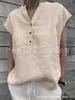 Transfronterizo 2023 Primavera Nuevo Vintage Costura Algodón y Lino Camisa Mujer Casual Cuello V Botón Manga Corta Color Sólido Algodón y Lino