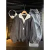 Moletom estilo americano de duas peças falsas com gola de camisa para homens, outono, camisa polo de manga comprida de alta qualidade com estampa de espiga de trigo, adequada como camada interna