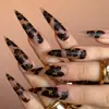 Estilo Chica Caliente Flor en Relieve con Pedrería 24 Piezas Uñas Postizas Puntiagudas Largas Francesas Chapadas en Oro Uñas Postizas Venta al por Mayor