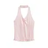 Estilo Femenino Dulce y Picante Cuello en V Plisado Volantes Cuello Halter Camisola Verano Nuevo Ajuste Delgado Color Sólido Top para Mujer