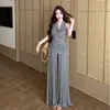 Ropa de mujer de comercio exterior: Conjunto de estilo fresco y relajado para mujer, verano, cuello halter, hombros descubiertos, espalda descubierta, pantalones de tirantes, pierna ancha casual
