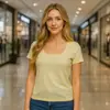 Camiseta de manga corta cuadrada de hombros rectos transfronteriza para mujer, manga corta, estilo nuevo, simple, casual, estilo básico, color liso, camiseta cuadrada estampada