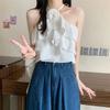 Camisola halter sem costas com babados para mulheres, verão, sexy, roupa externa, top interno slim curto