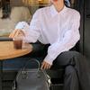 Coreano Chic Outono Nicho Design Elástico Idade-reduzindo Puff Manga Lapela Single-breasted Camisa de manga comprida para Mulheres