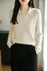 Suéter de punto fino 60% lana con un botón y cuello mao para mujer, suave y delicado, corte ajustado, adecuado para primavera y otoño, top base tipo jersey para ir al trabajo