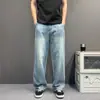 Jeans Masculino Lavado Americano com Textura de Nó de Bambu, Cintura Meio Elástica, Estilo High Street Solto Retro Tendência Marca Casual Calça Longa Reta