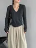 Camiseta Base de Punto Fino para Mujer Jiang Chi Otoño Temprano, Cuello en V Suave y Elegante, Color Sólido Ajustada con Bordes Enrollados, Suéter Delgado 218