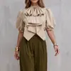 2026 Europeu e Americano transfronteiriço novo design gravata borboleta cor sólida manga lanterna blusa com gola alta casual camisa curta para mulheres