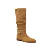 Botas Western Retro, Estilo Nuevo para Todas las Estaciones, Botas Altas de Piel de Vaca sin Cordones, Tacón Bajo, Color Caqui, Botas de Montar Plegadas Transfronterizas para Mujer
