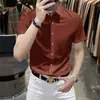 Camisa casual de manga corta, fluida y libre de arrugas de alta gama para hombre, corte ajustado, tacto premium, camisa de seda helada elástica de color liso para negocios