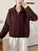 Nuevo Cárdigan de Lana de Punto Doble Cara Color Sólido Simple con Cuello Solapa Otoño/Invierno 2026 Estilo Coreano Holgado Chaqueta Suéter con Cremallera para Mujer