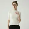 Suéter base para mujer, lavable a máquina, sin costuras, cuello medio alto, manga corta, corte ajustado, delgado, tipo playera de punto, tejido
