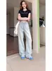 Jeans Rectos Elegantes Azul Claro para Mujer, Verano 2025, Talla Grande Forma de Pera, Cintura Alta, Pantalones de Pierna Ancha Adelgazantes