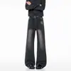 Calça comprida jeans lavada, corte reto 2026 novo design, caimento solto, marca masculina moderna, com detalhes em strass, levemente flare
