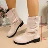 Botas Planas Apiladas de Gamuza Rosa para Mujer, Botines Cortos de Caña Media con Punta Redonda, Estilo Europeo Casual Versátil, Botas para Mujer, Estilo de Comercio Exterior Transfronterizo