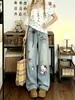 Jeans rectos de pierna ancha largos bordados de gato Kitty de dibujos animados ChaoLi Youhuo para mujer, nuevo de verano 2026