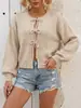 Cardigan Suéter Liso Outono e Inverno Estilo Europeu e Americano com Laço para Mulheres, Gola Redonda, Cardigan de Tricô para o Trabalho