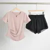 Conjunto Fitness de Verão Feminino Profissional Plus Size Corrida Secagem Rápida Pilates Yoga Treinamento Roupa Esportiva Top de Manga Curta com Decote V